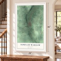 Town of Warsaw, New York map, 24 x 36 inch print in a white frame by a staircase