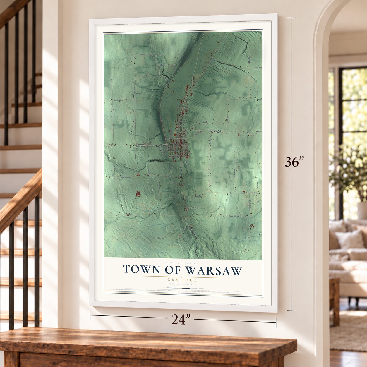 Town of Warsaw, New York map, 24 x 36 inch print in a white frame by a staircase