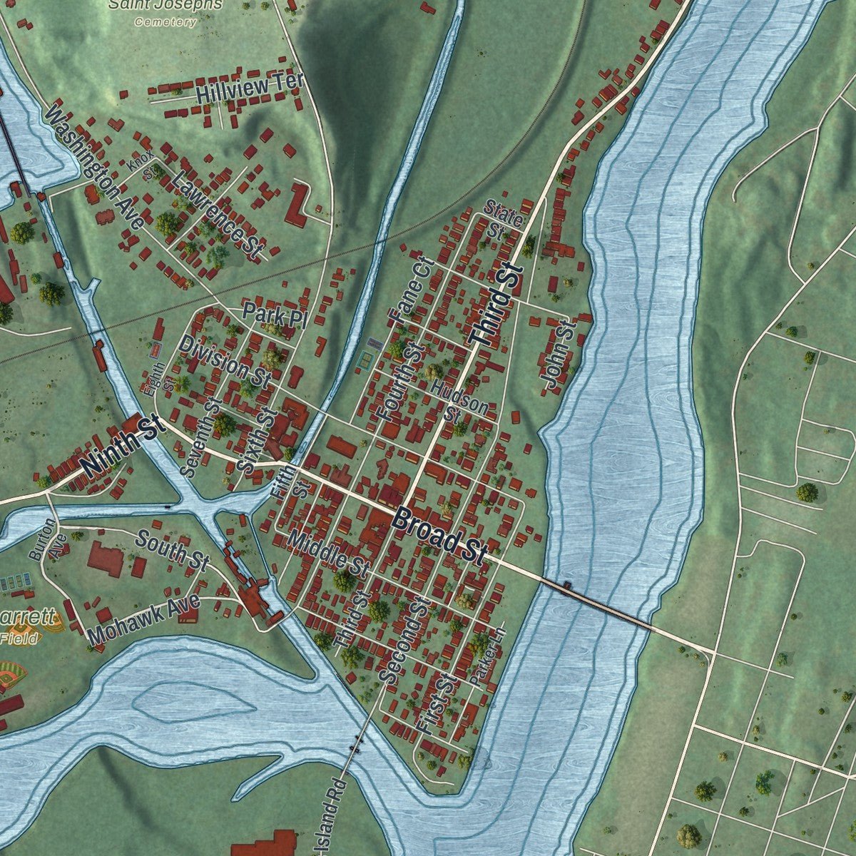 Second close-up of the map of the Town of Waterford, New York print showing more streets and buildings