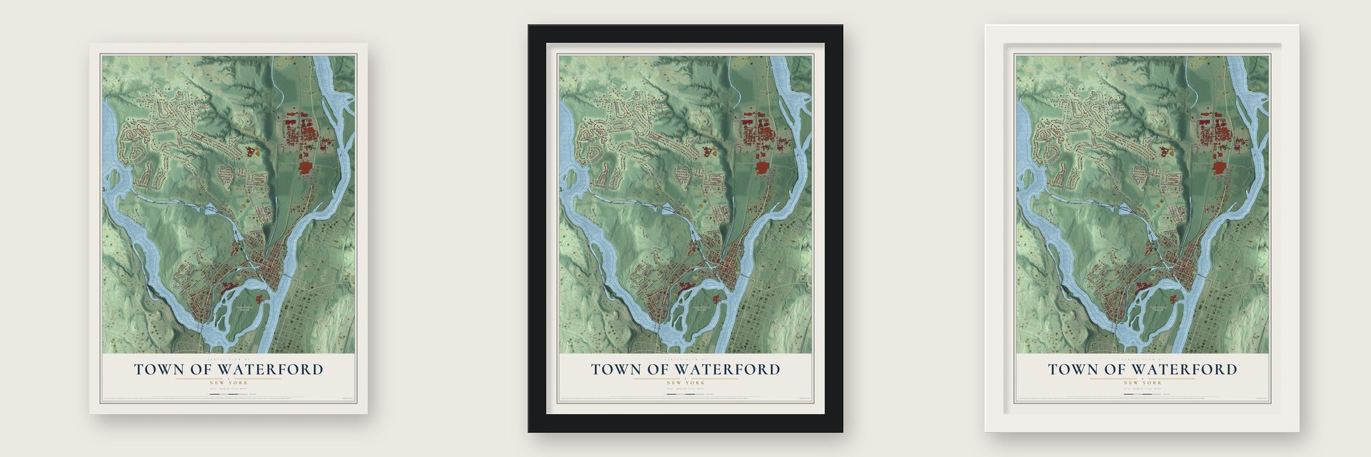 Town of Waterford, New York map unframed, in a black wood frame and in a white wood frame