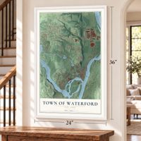 Town of Waterford, New York map, 24 x 36 inch print in a white frame by a staircase