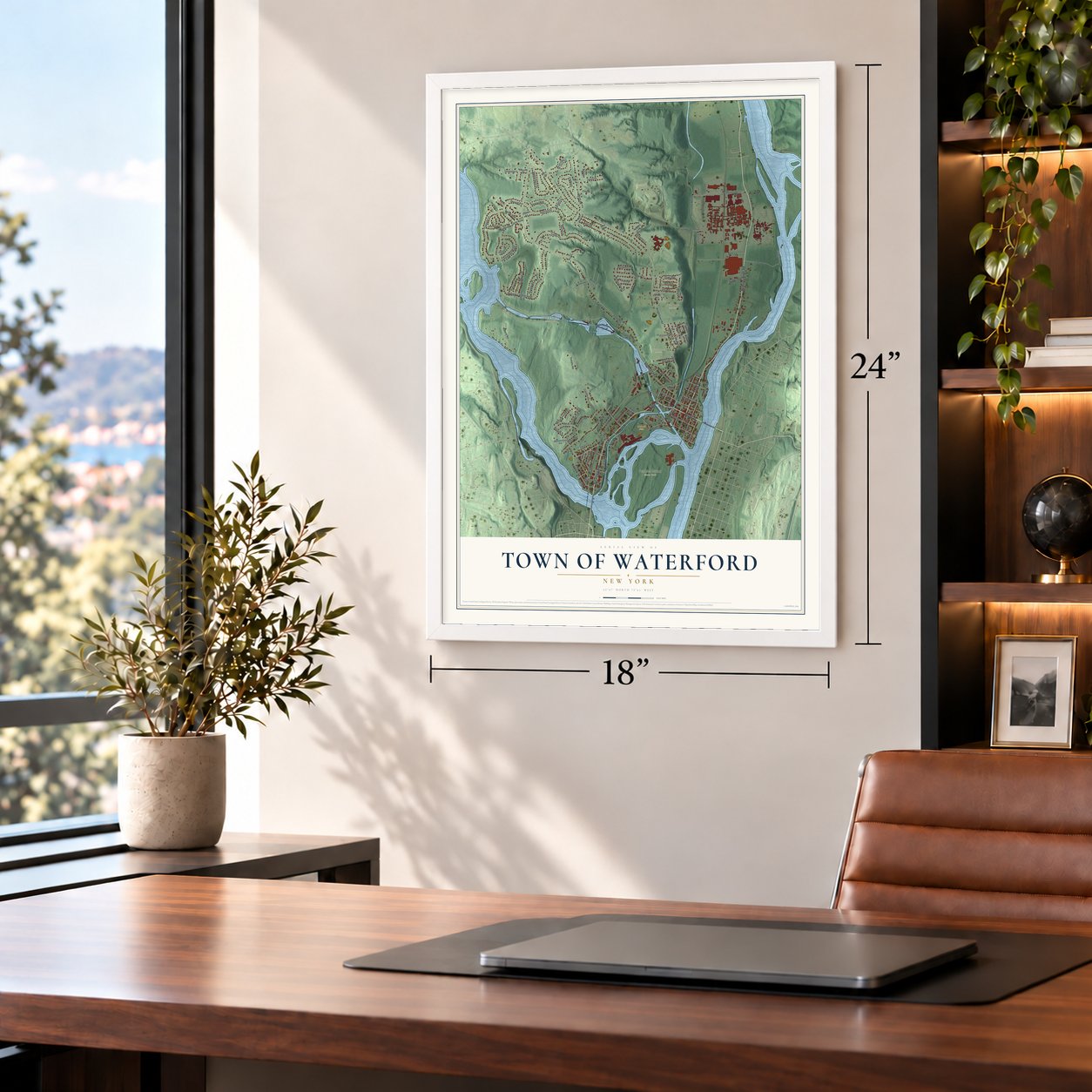 Town of Waterford, New York map, 18 x 24 inch print in a white frame in a home office