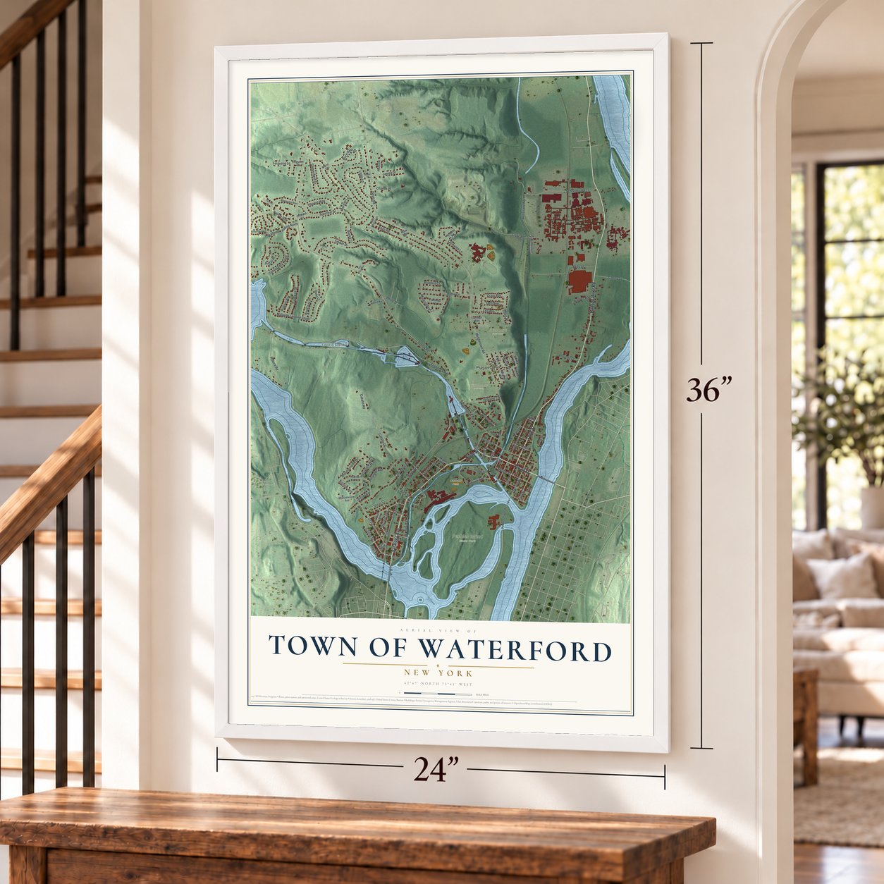 Town of Waterford, New York map, 24 x 36 inch print in a white frame by a staircase