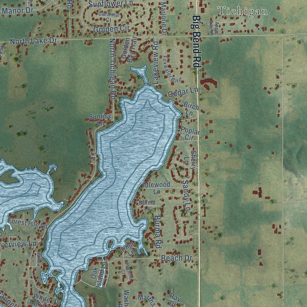 Second close-up of the map of the Town of Waterford, Wisconsin print showing more streets and buildings