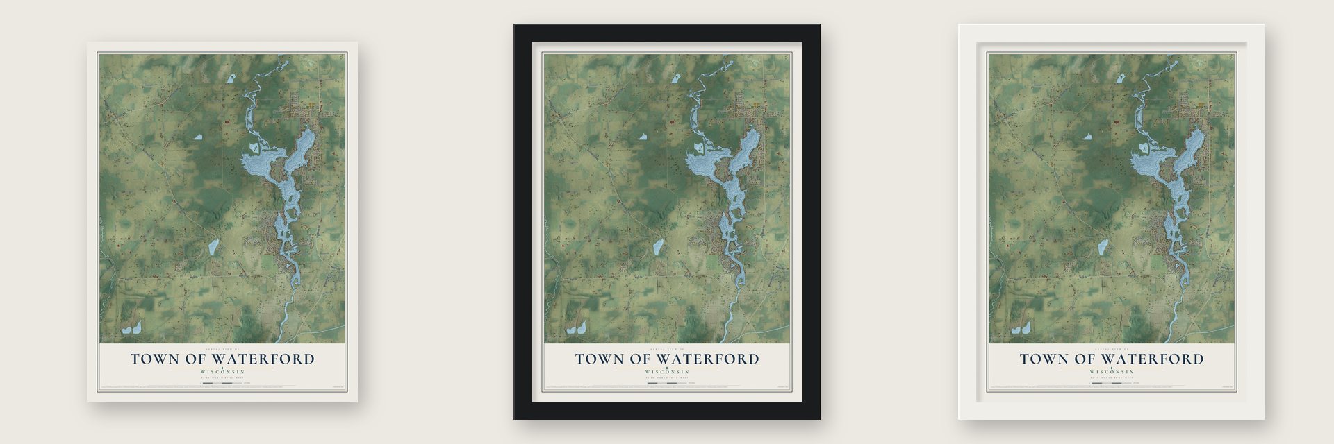 Town of Waterford, Wisconsin map unframed, in a black wood frame and in a white wood frame