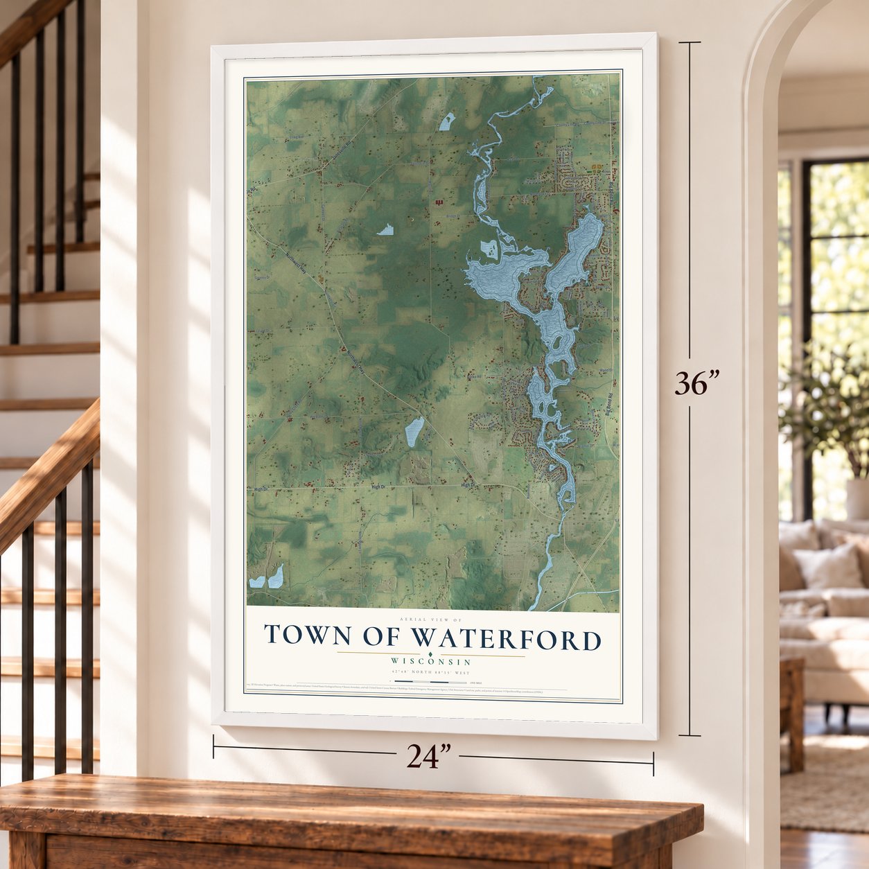 Town of Waterford, Wisconsin map, 24 x 36 inch print in a white frame by a staircase