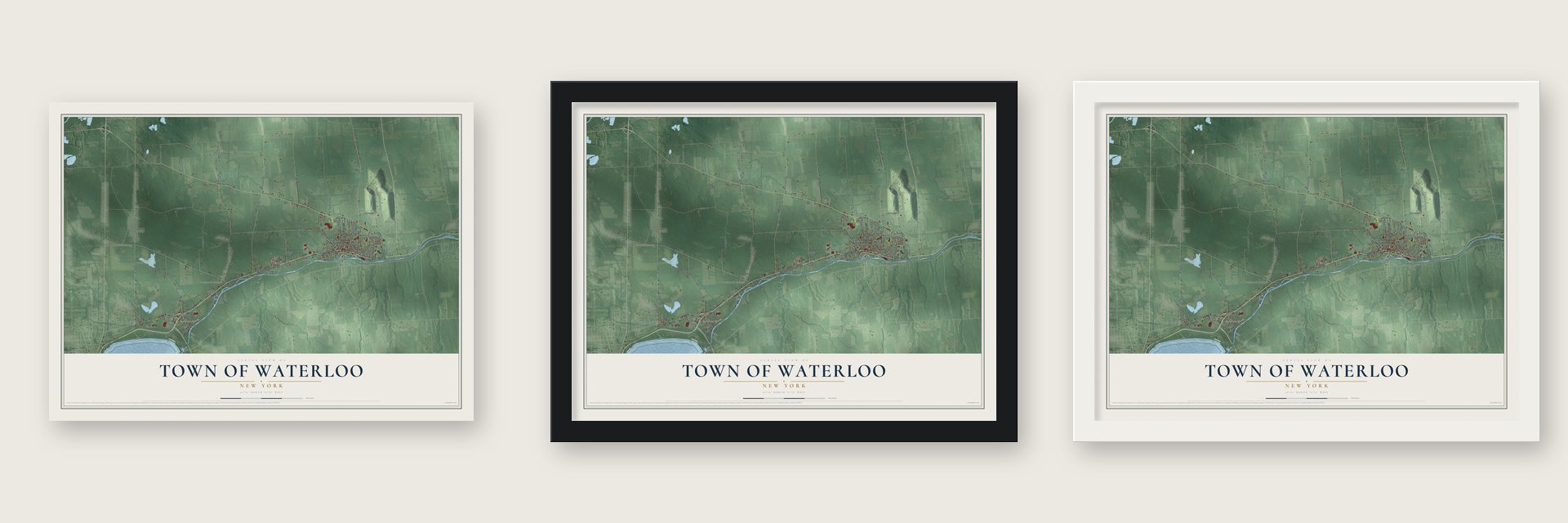 Town of Waterloo, New York map unframed, in a black wood frame and in a white wood frame