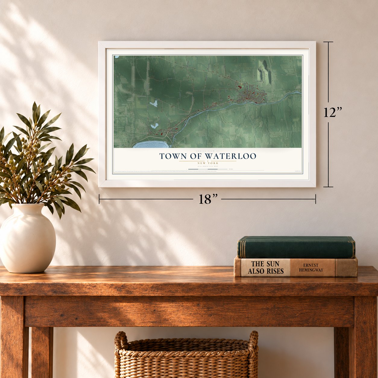 Town of Waterloo, New York map, 12 x 18 inch print in a white frame in an entryway