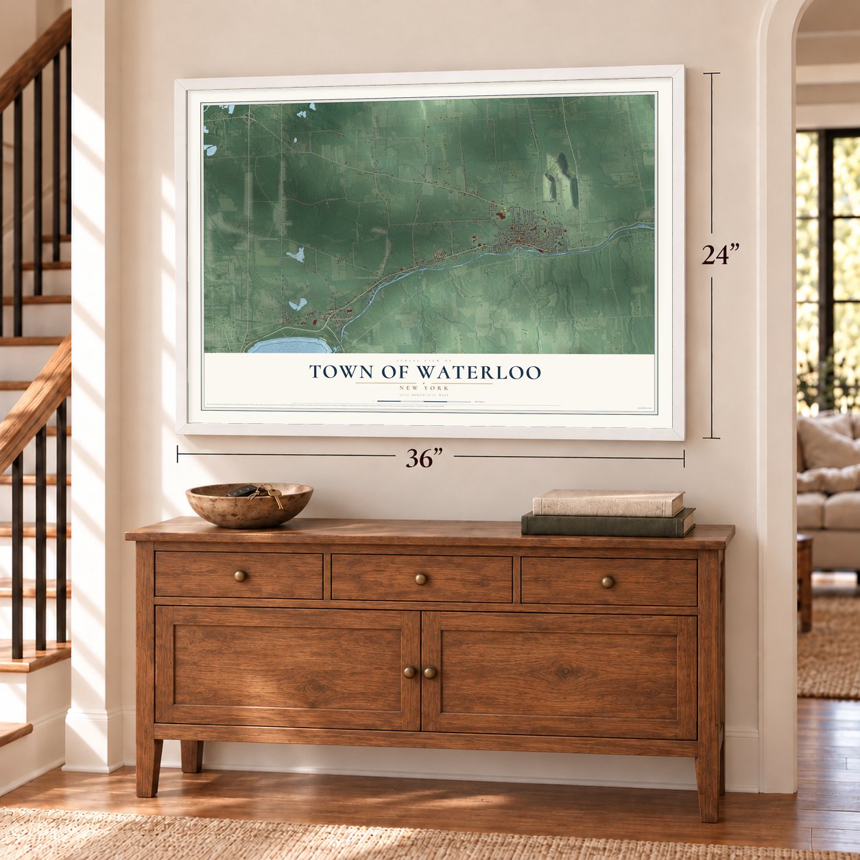 Town of Waterloo, New York map, 24 x 36 inch print in a white frame above a dresser by a staircase