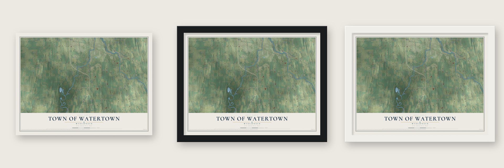 Town of Watertown, Wisconsin map unframed, in a black wood frame and in a white wood frame