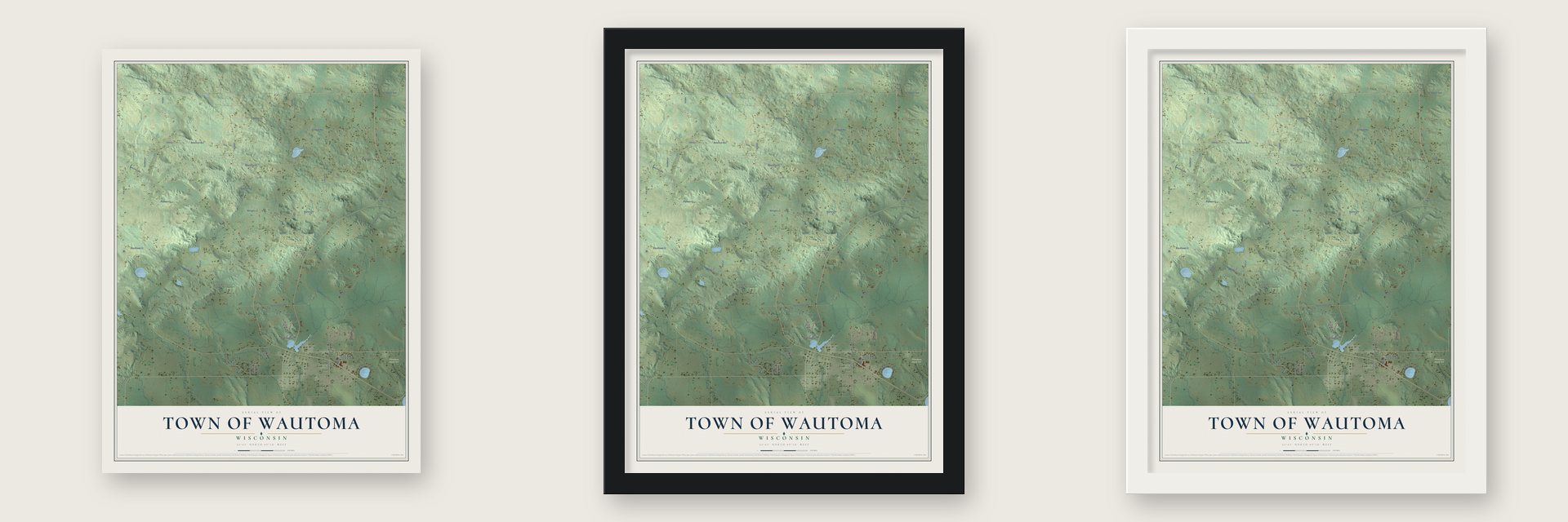 Town of Wautoma, Wisconsin map unframed, in a black wood frame and in a white wood frame