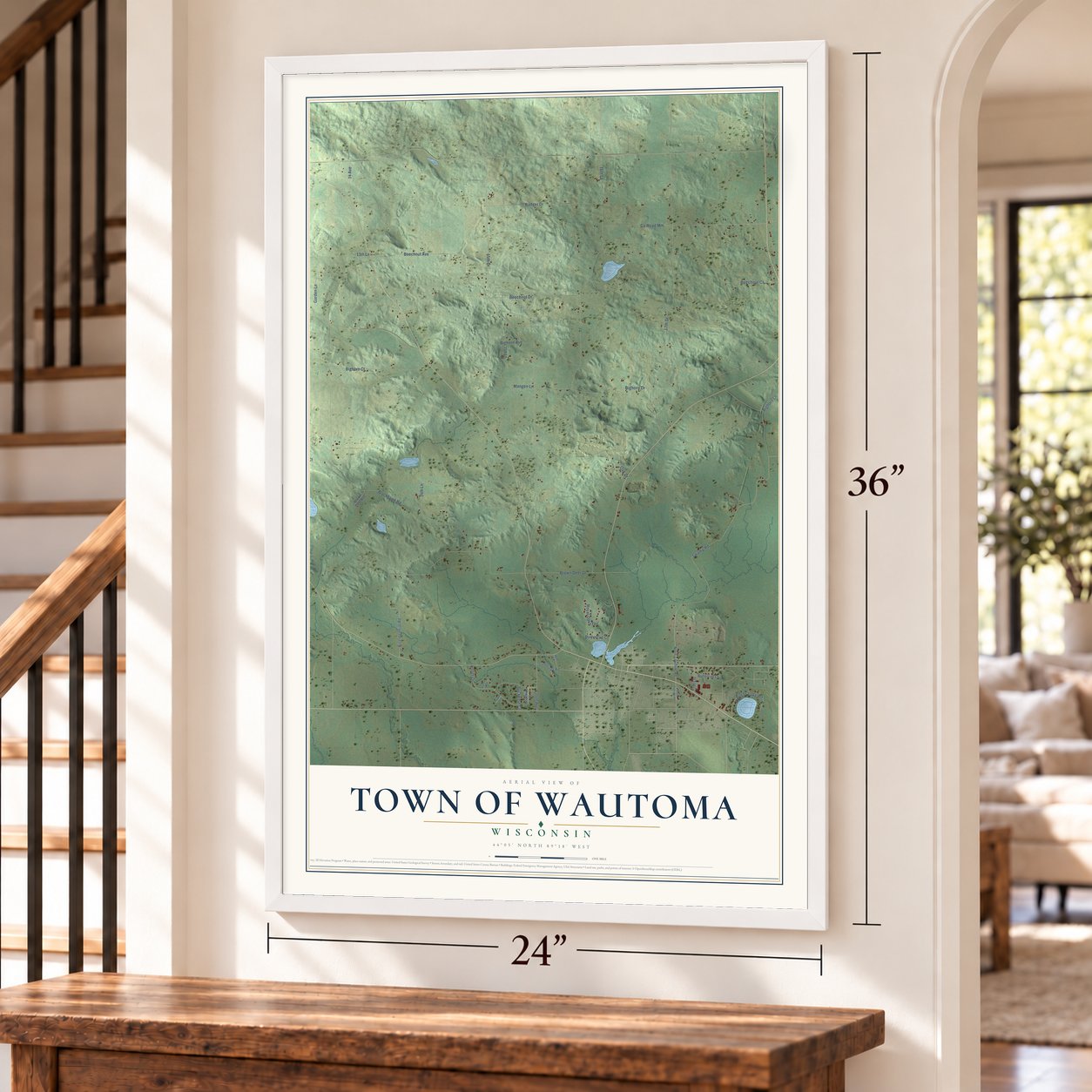 Town of Wautoma, Wisconsin map, 24 x 36 inch print in a white frame by a staircase