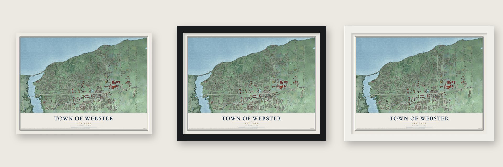 Town of Webster, New York map unframed, in a black wood frame and in a white wood frame
