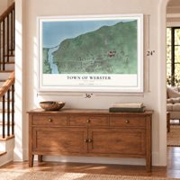 Town of Webster, New York map, 24 x 36 inch print in a white frame above a dresser by a staircase