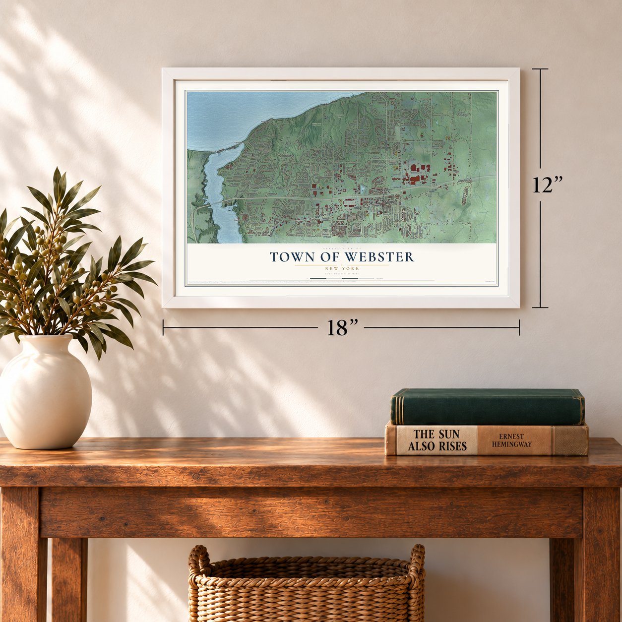 Town of Webster, New York map, 12 x 18 inch print in a white frame in an entryway