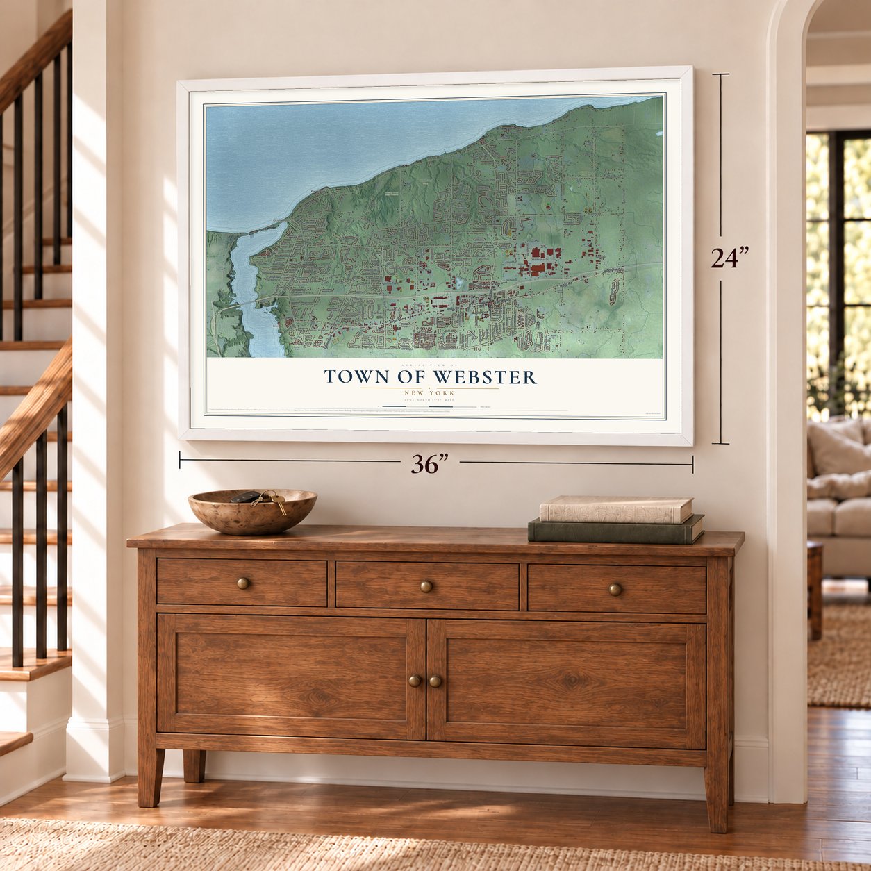 Town of Webster, New York map, 24 x 36 inch print in a white frame above a dresser by a staircase