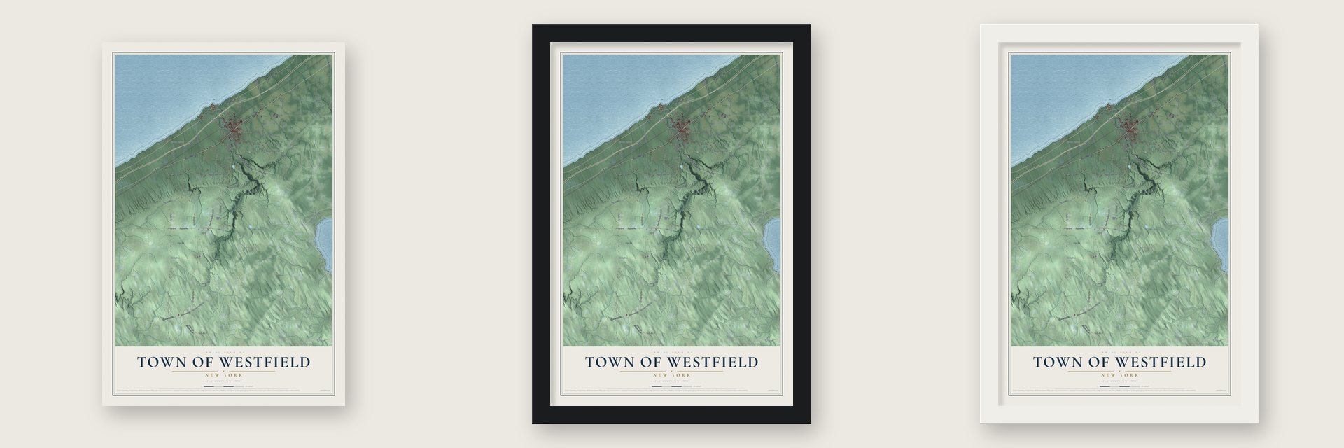 Town of Westfield, New York map unframed, in a black wood frame and in a white wood frame