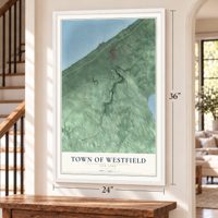 Town of Westfield, New York map, 24 x 36 inch print in a white frame by a staircase