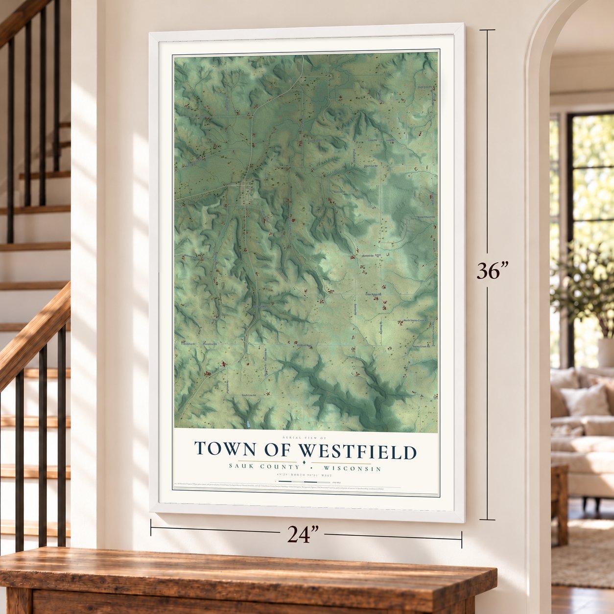 Town of Westfield, Sauk County, Wisconsin map, 24 x 36 inch print in a white frame by a staircase