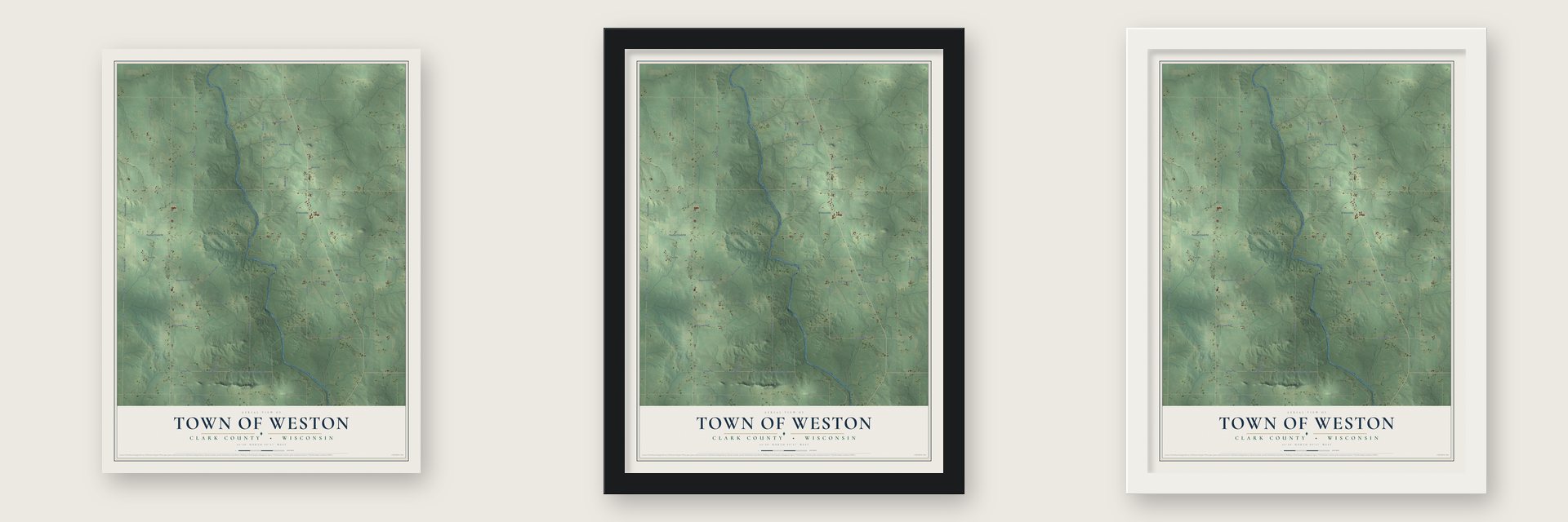 Town of Weston, Clark County, Wisconsin map unframed, in a black wood frame and in a white wood frame