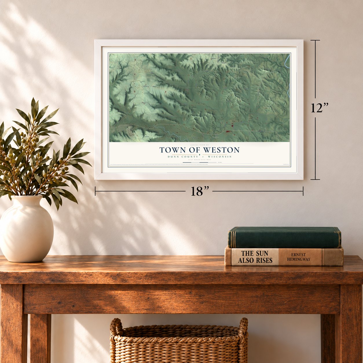 Town of Weston, Dunn County, Wisconsin map, 12 x 18 inch print in a white frame in an entryway