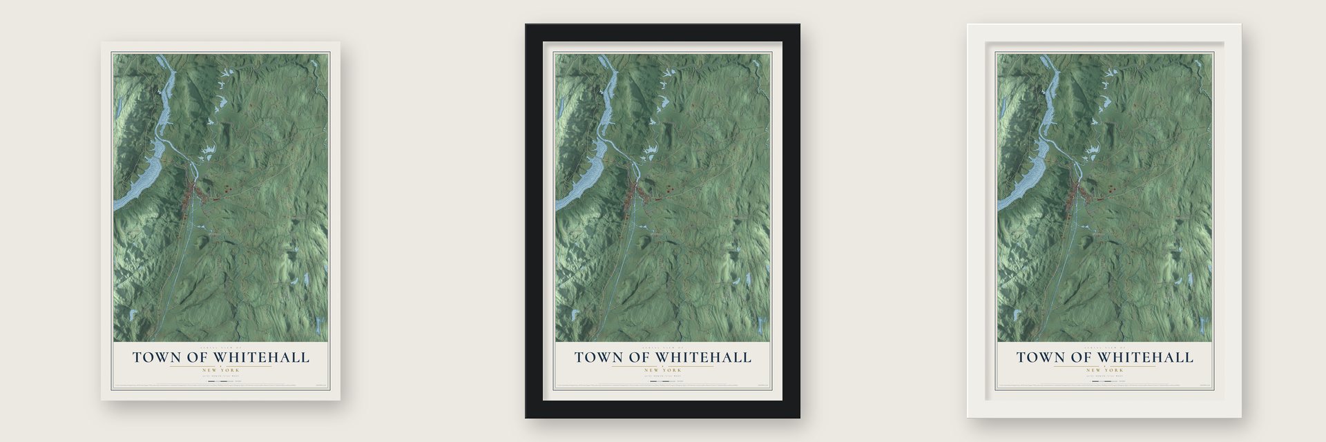 Town of Whitehall, New York map unframed, in a black wood frame and in a white wood frame