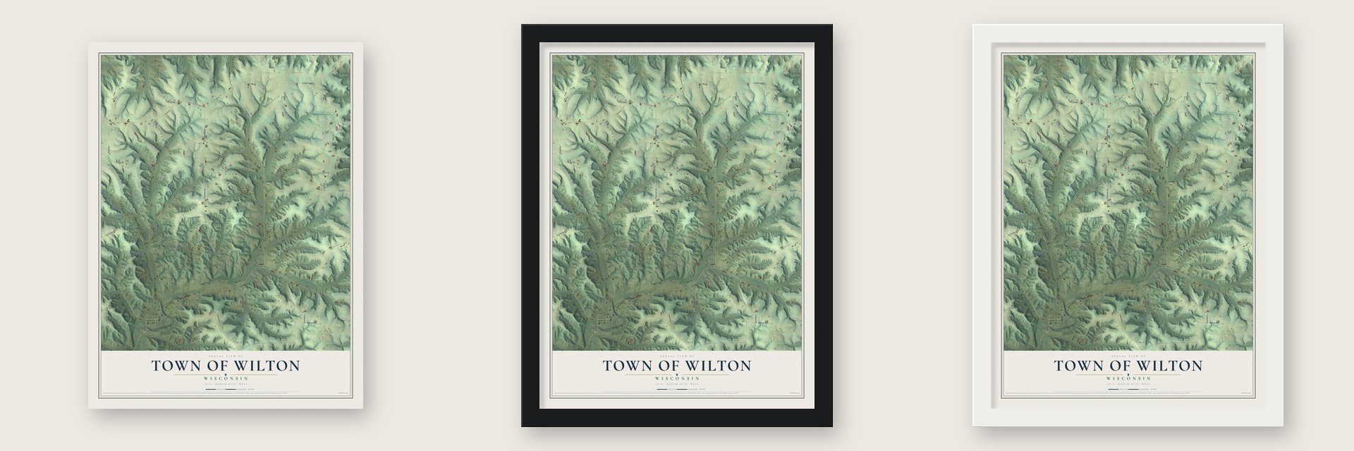 Town of Wilton, Wisconsin map unframed, in a black wood frame and in a white wood frame