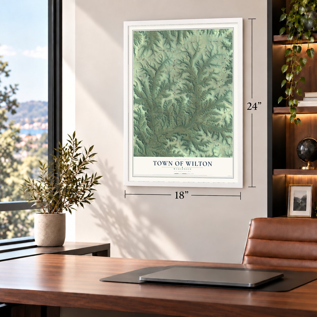 Town of Wilton, Wisconsin map, 18 x 24 inch print in a white frame in a home office