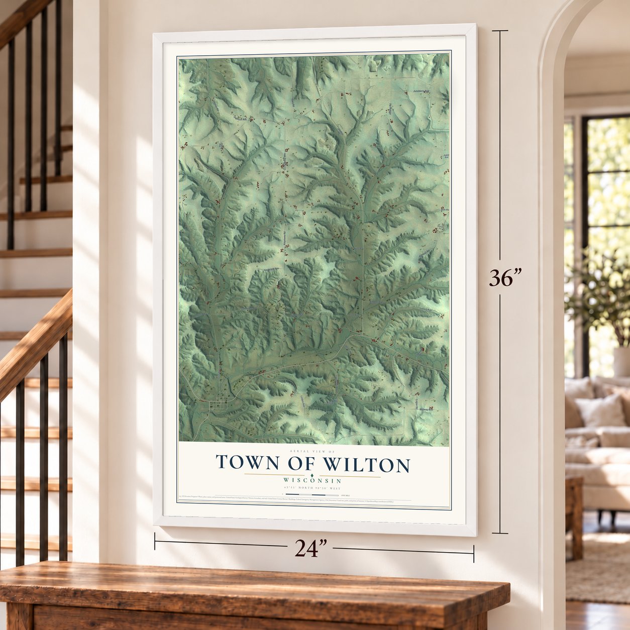 Town of Wilton, Wisconsin map, 24 x 36 inch print in a white frame by a staircase
