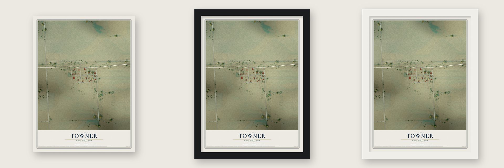 Towner, Colorado map unframed, in a black wood frame and in a white wood frame