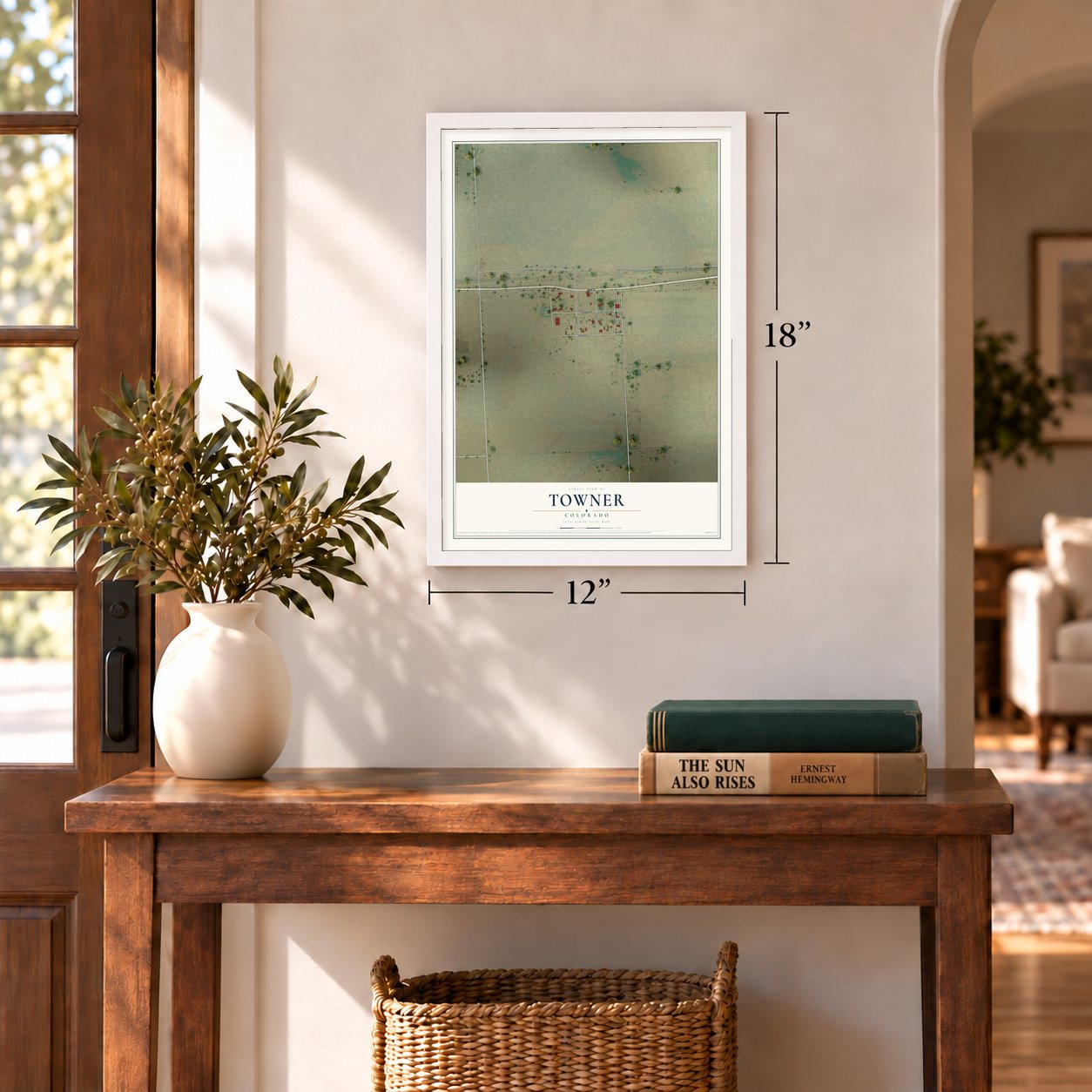 Towner, Colorado map, 12 x 18 inch print in a white frame in an entryway
