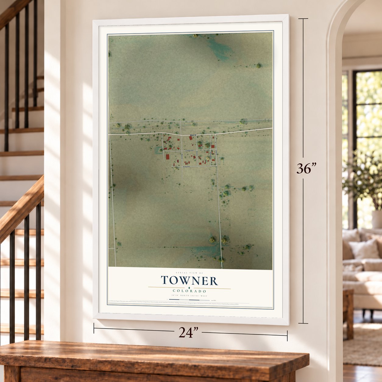 Towner, Colorado map, 24 x 36 inch print in a white frame by a staircase