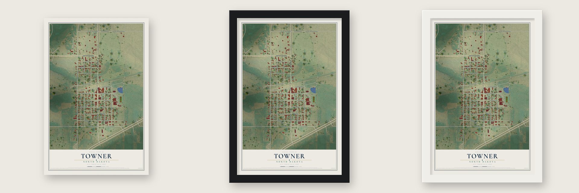Towner, North Dakota map unframed, in a black wood frame and in a white wood frame