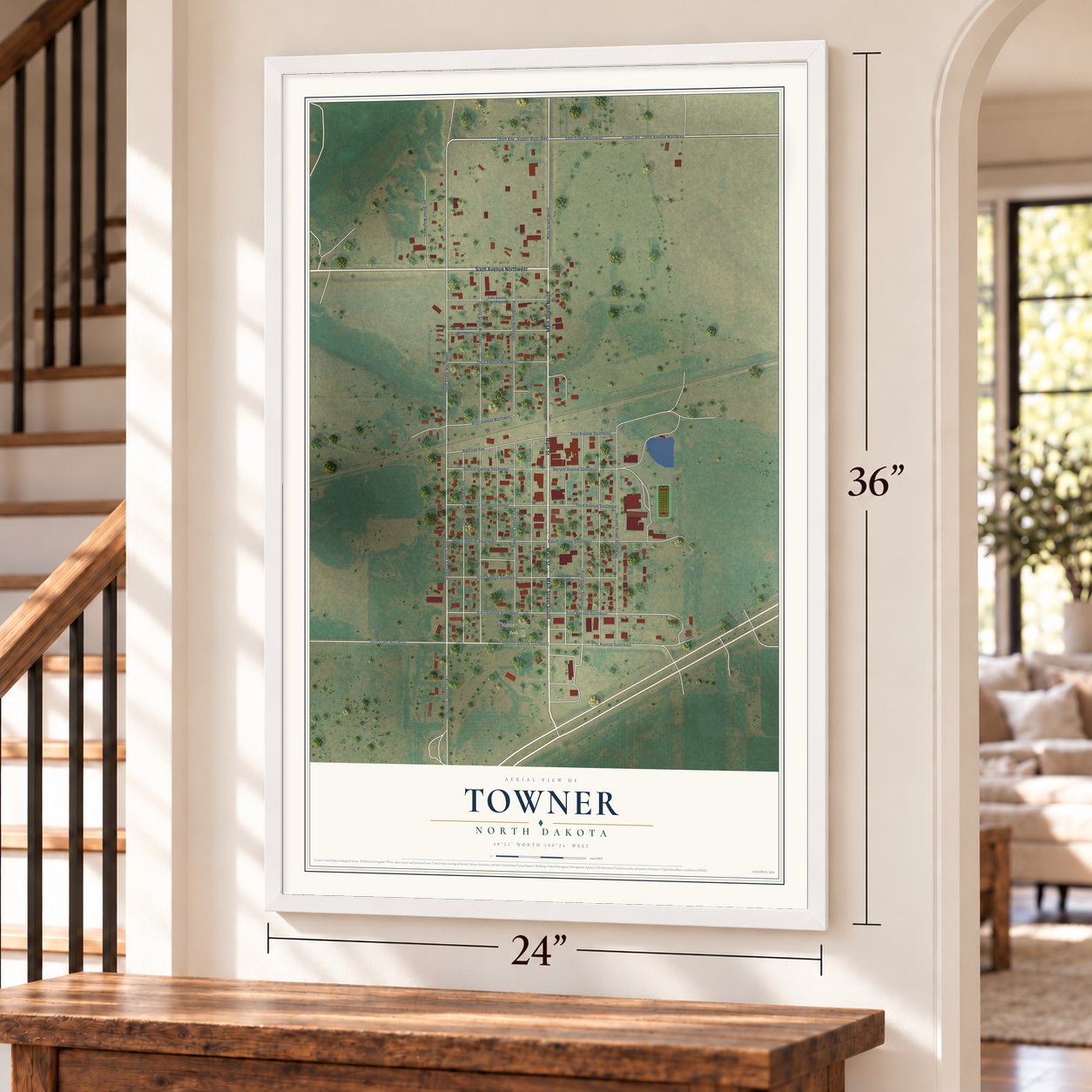 Towner, North Dakota map, 24 x 36 inch print in a white frame by a staircase