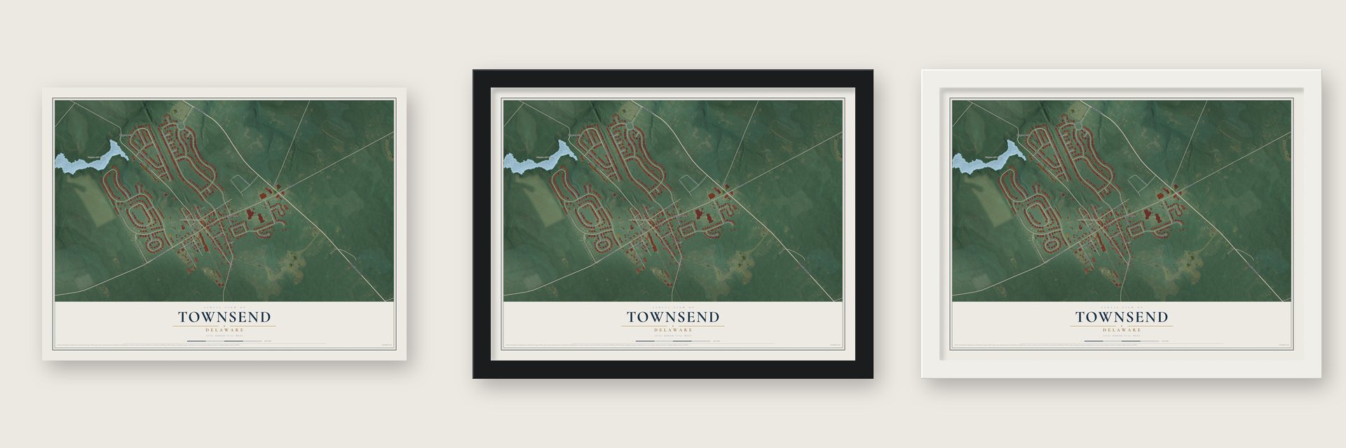 Townsend, Delaware map unframed, in a black wood frame and in a white wood frame