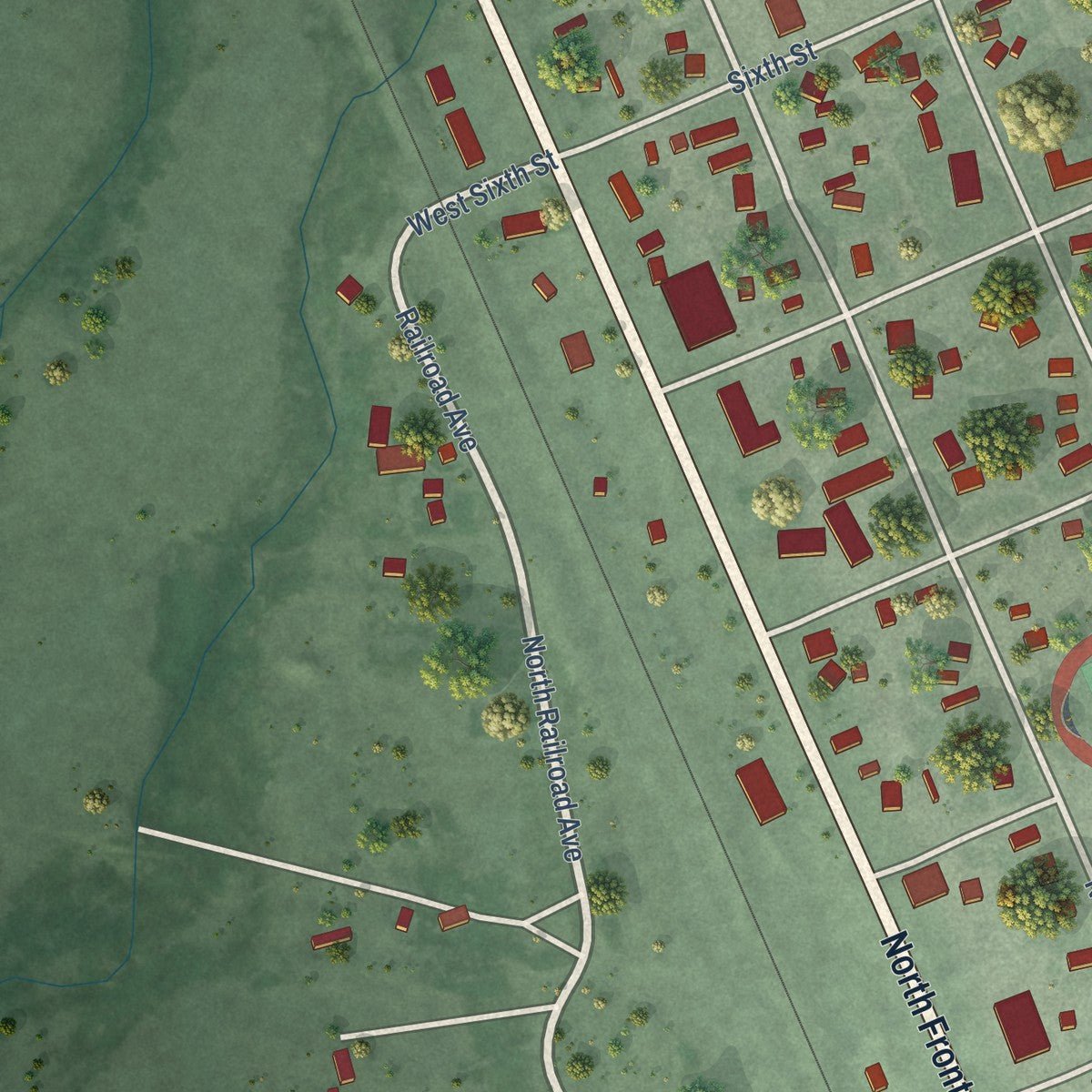 Second close-up of the map of Townsend, Montana print showing more streets and buildings