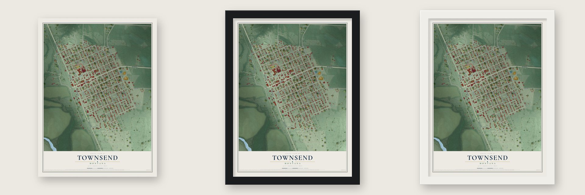 Townsend, Montana map unframed, in a black wood frame and in a white wood frame