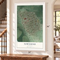 Townsend, Montana map, 24 x 36 inch print in a white frame by a staircase