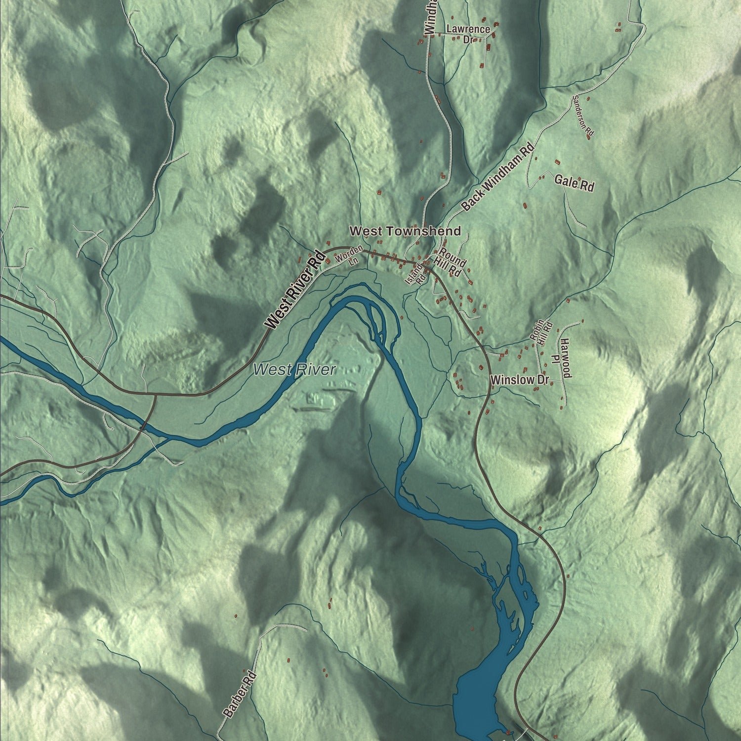 Close-up of the map of Townshend, Vermont print showing terrain and local geography