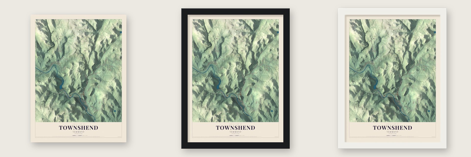 Townshend, Vermont map unframed, in a black wood frame and in a white wood frame