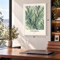 Townshend, Vermont map, 18 x 24 inch print in a white frame in a home office
