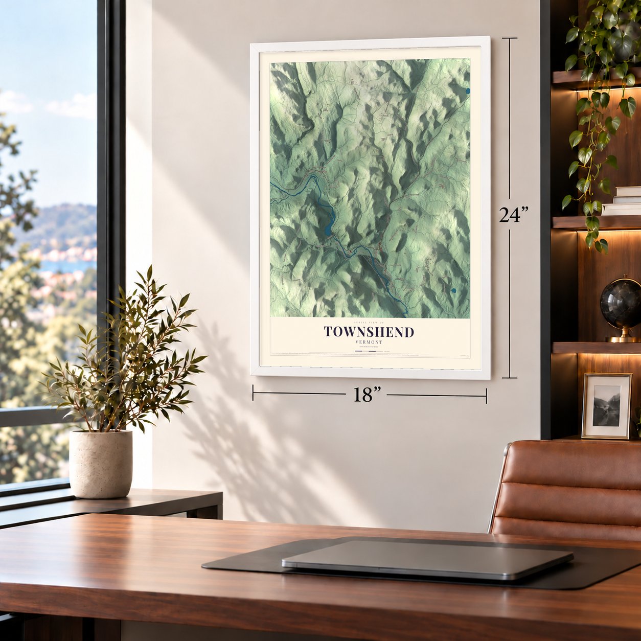 Townshend, Vermont map, 18 x 24 inch print in a white frame in a home office