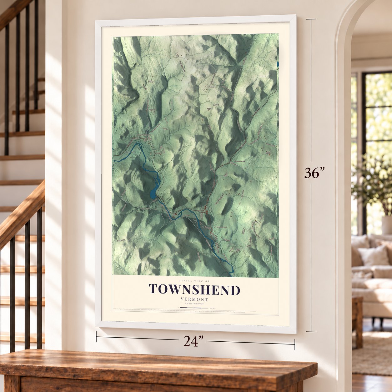 Townshend, Vermont map, 24 x 36 inch print in a white frame by a staircase