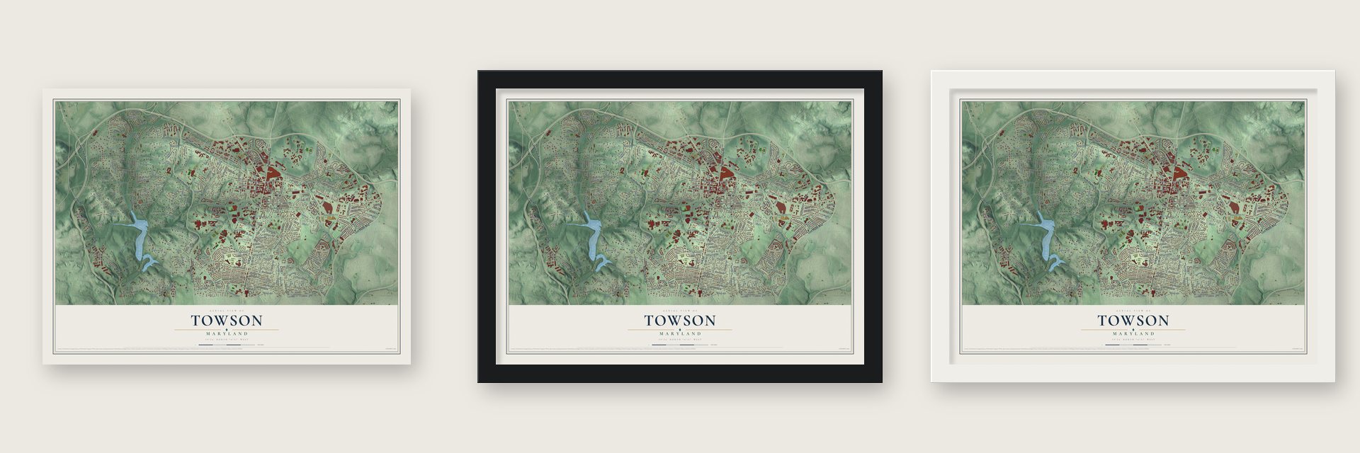 Towson, Maryland map unframed, in a black wood frame and in a white wood frame