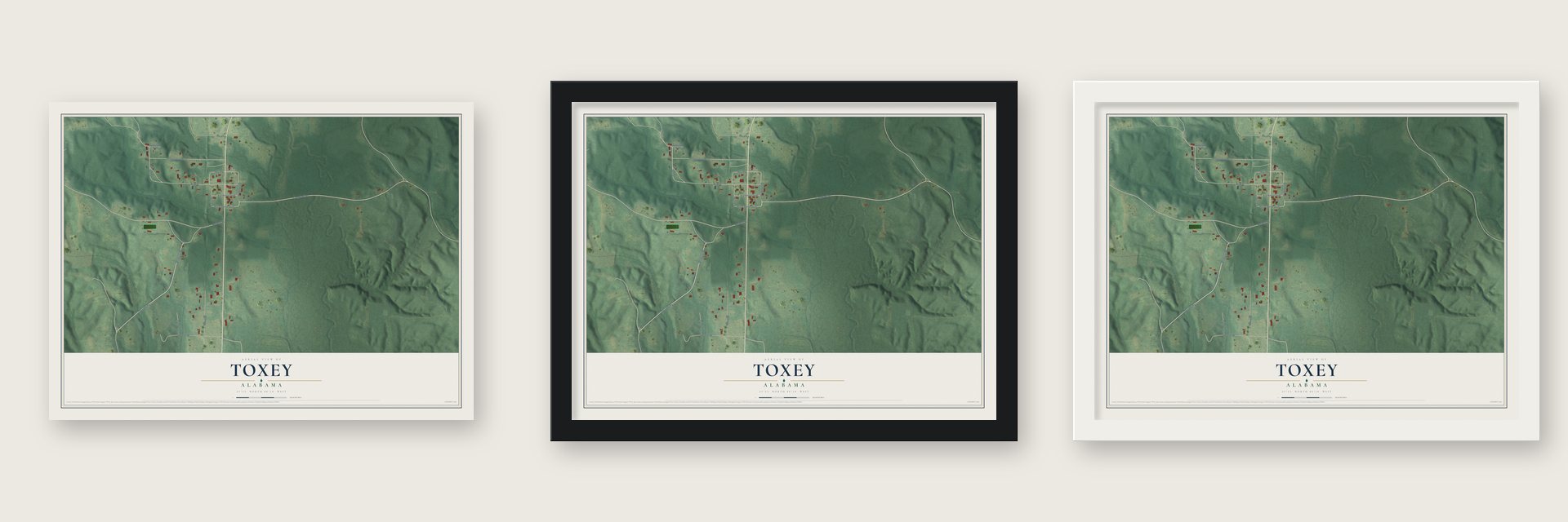 Toxey, Alabama map unframed, in a black wood frame and in a white wood frame