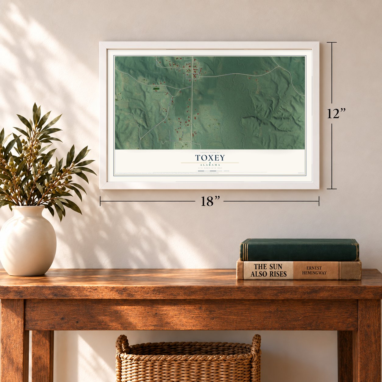 Toxey, Alabama map, 12 x 18 inch print in a white frame in an entryway