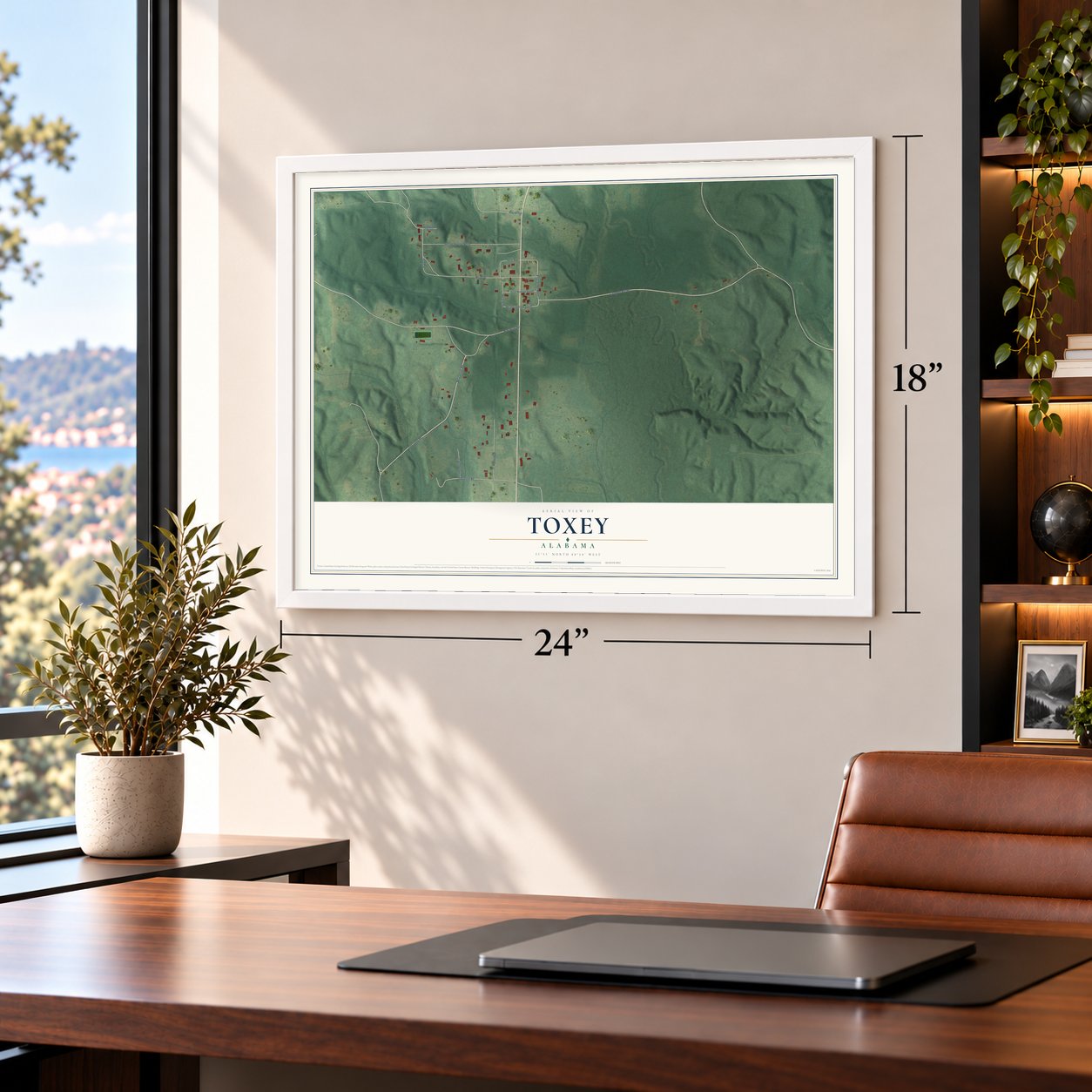 Toxey, Alabama map, 18 x 24 inch print in a white frame in a home office