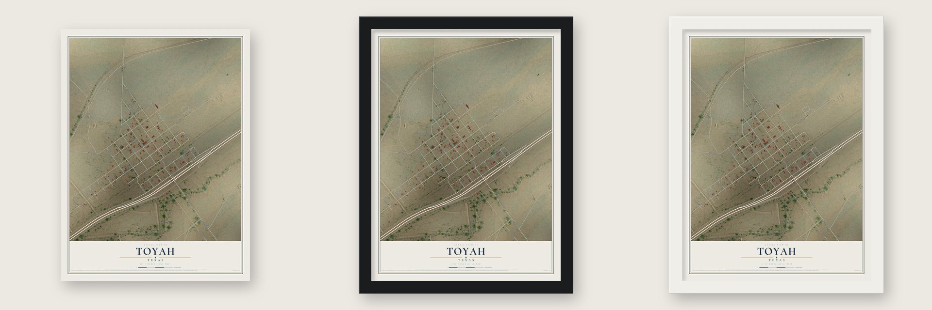 Toyah, Texas map unframed, in a black wood frame and in a white wood frame