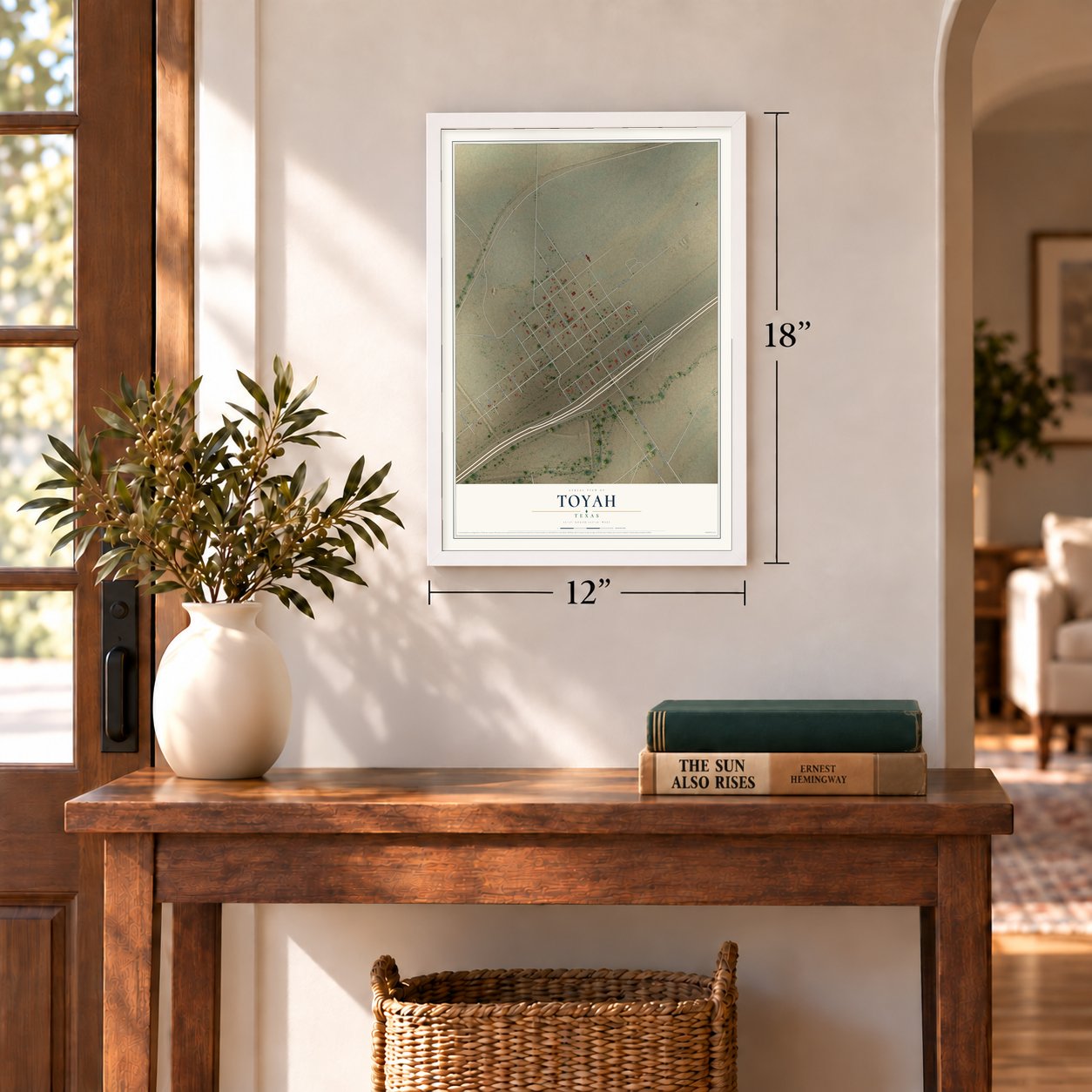 Toyah, Texas map, 12 x 18 inch print in a white frame in an entryway