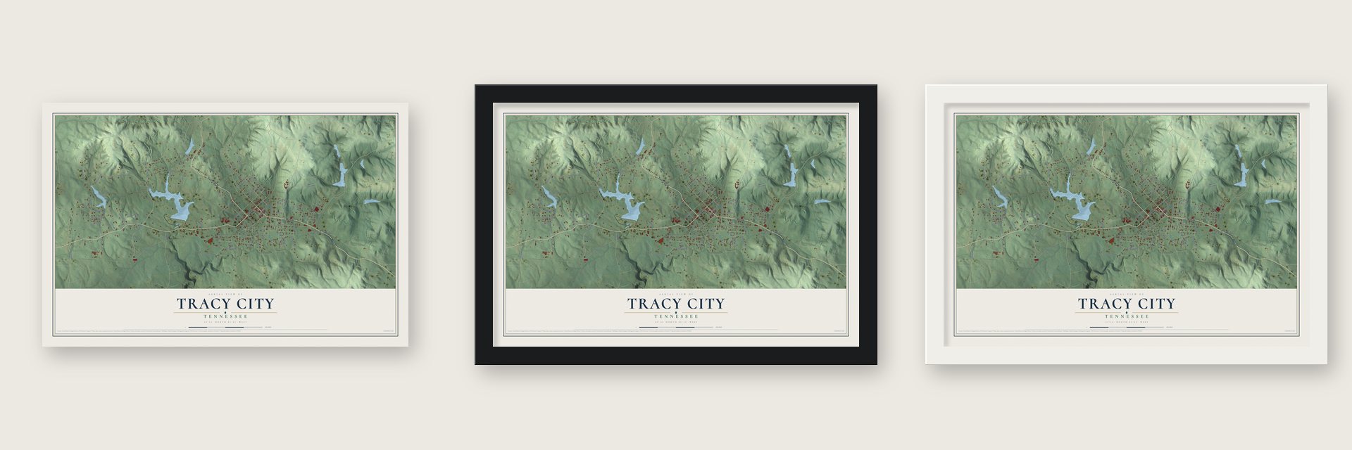 Tracy City, Tennessee map unframed, in a black wood frame and in a white wood frame